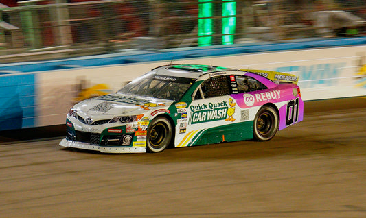 Zach Herrin's #01 Rebuy / Quick Quack Car Wash Toyota Camry under the LED cactus at Phoenix Raceway for NASCAR ARCA Menards Series Practice and Qualifying.